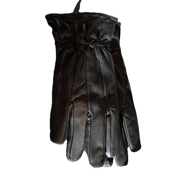 Womens Genuine Sheepskin Leather Gloves w 100% Wool Lining Black W Bow Sz M/L - Picture 9 of 9